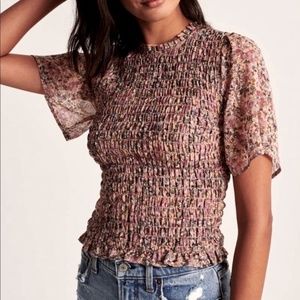 Abercrombie & Fitch Smocked Pink Floral Top with Flutter Sleeves